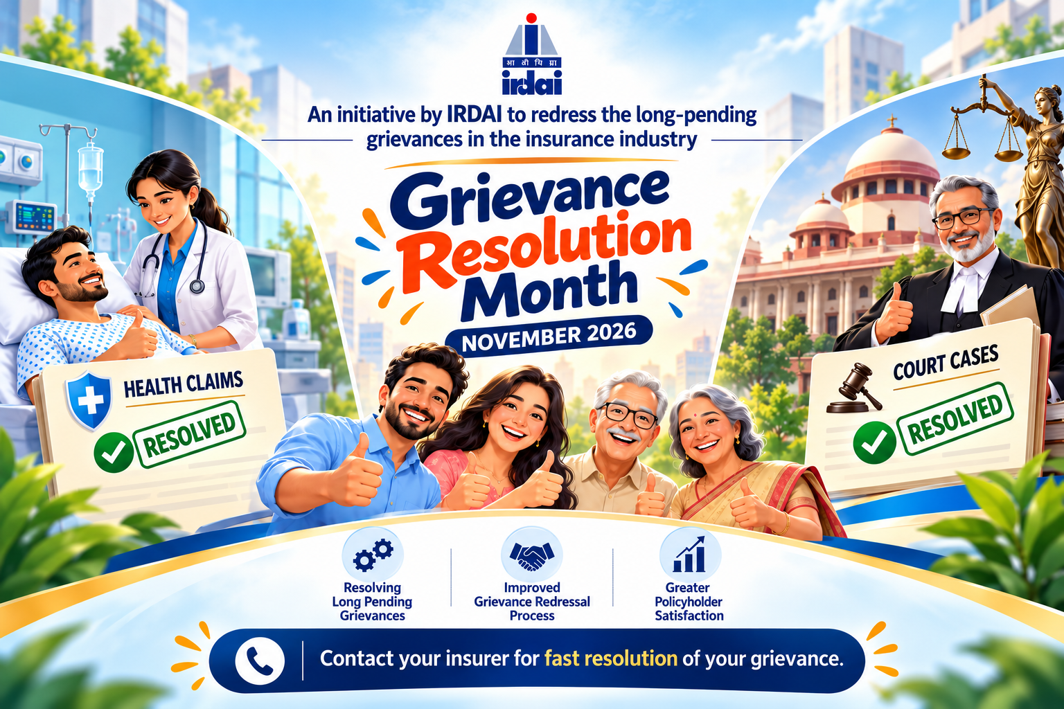 IRDAI poster for Grievance Resolution Month - November 2026 highlighting fast resolution for insurer's grievance.